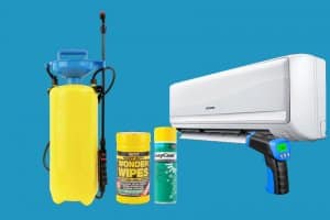 Air conditioning cleaning kit: spray bottle, wipes, spray can, and thermometer gun.