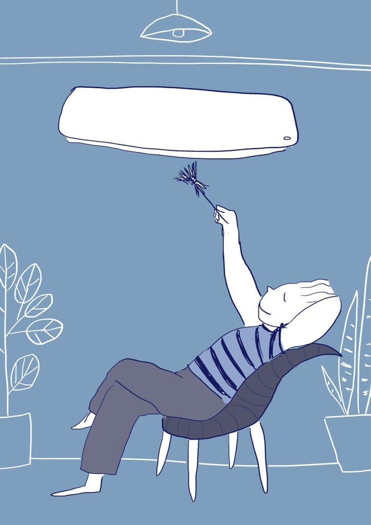 Person cleaning loft room air conditioning unit with duster.