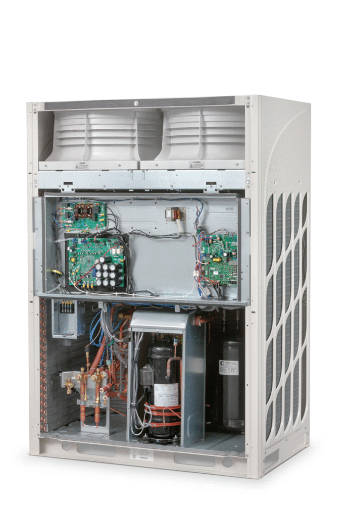 Hitachi air conditioning unit interior with compressor, fans, and circuit boards