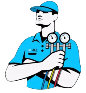 ACL technician in blue uniform holding AC gauges and hoses