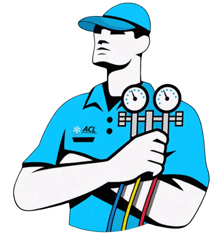 ACL technician in blue uniform holding AC gauges and hoses
